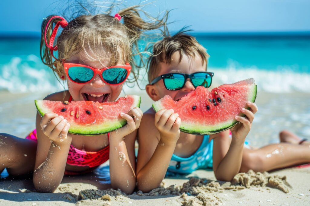 Kinder mit Wassermelonen am Strand von Sylt